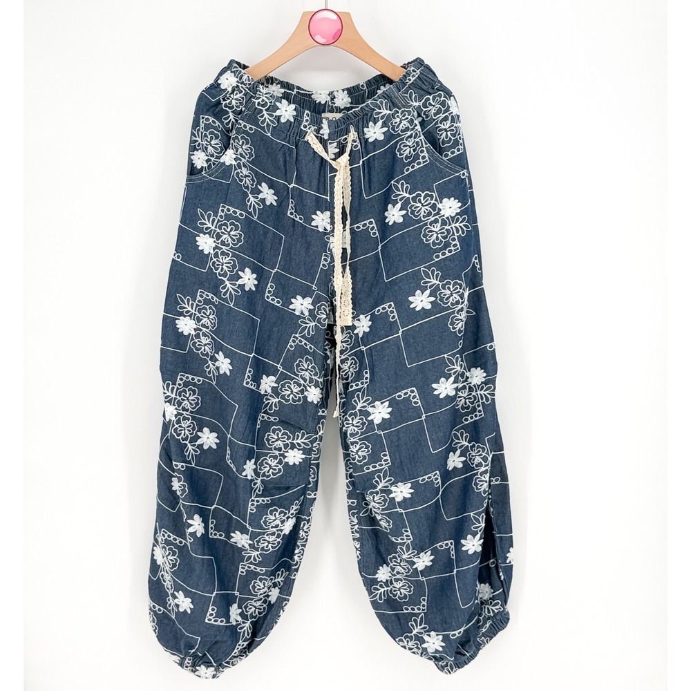 POL Embroidered Floral Boho Denim Lounge Pants Cottagecore Women's S